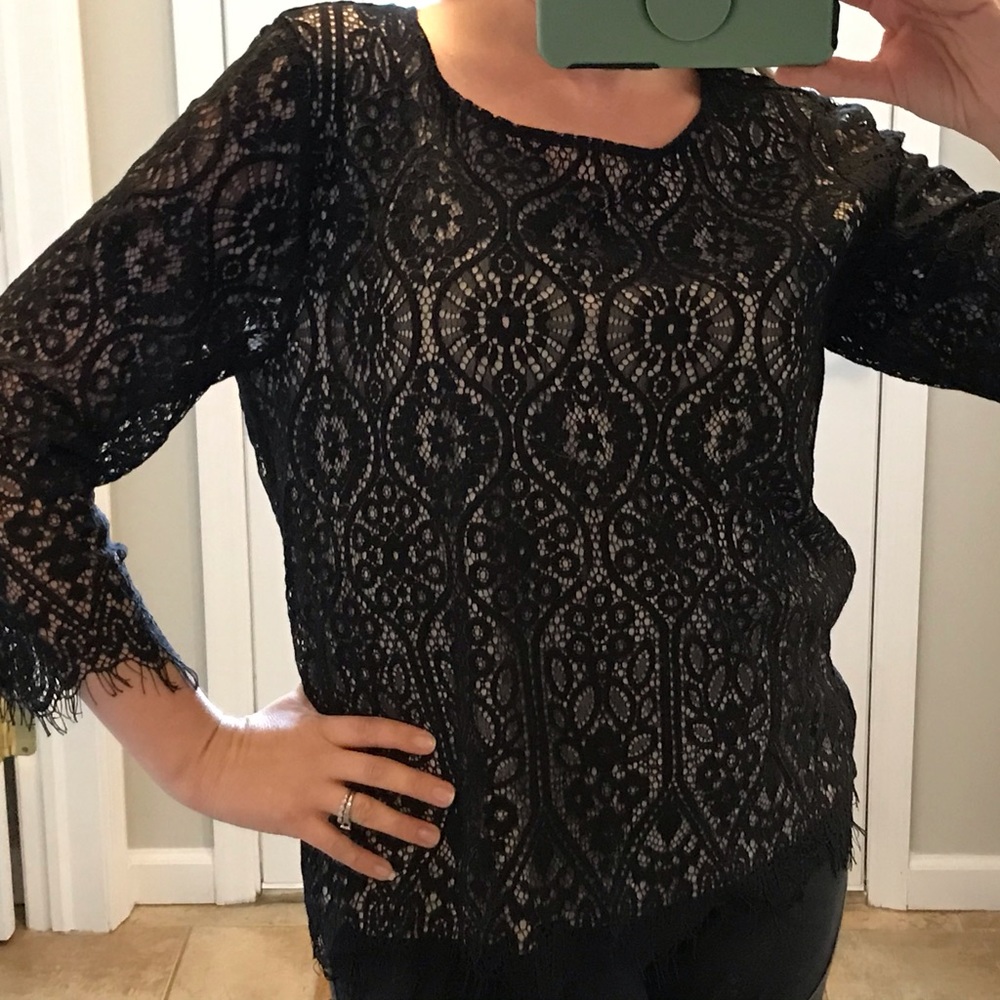 LOFT Black and Tan Lace Layered Top